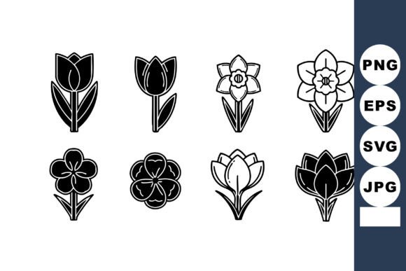 Black and White Vector Icons of Tulip, Daffodil, Clover, and Crocus