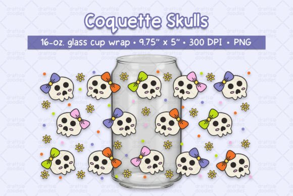 Coquette Skulls 16oz PNG Glass Cup Wrap: Blending Gothic Charm with Pastel Elegance