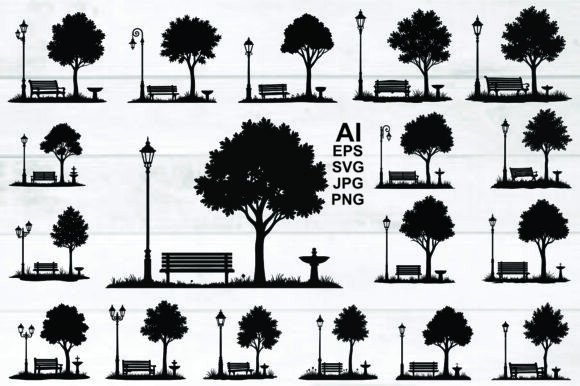 Evaluating the Set of Park Scene Silhouettes Vector for Graphic Design Projects