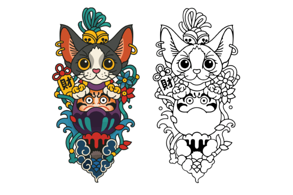 Lucky Cat with Daruma Vector EPS: Merging Tradition with Modern Design