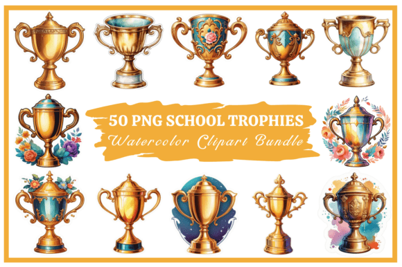 School Trophies Watercolor Clipart Pack: 50 PNGs