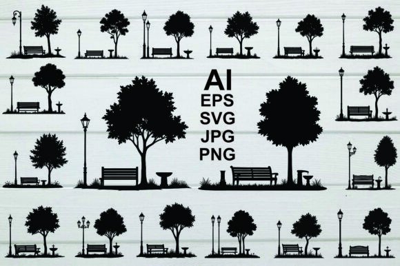 Silhouettes a Park Bench and Lamppost: Essential Design Elements for Modern Graphics