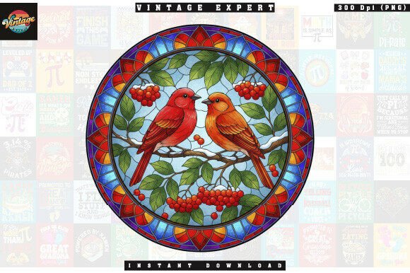 Stained Glass Christmas Red Bird Clipart