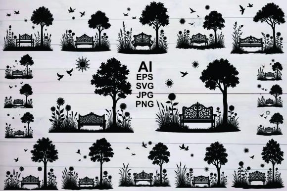 Transforming Outdoor Spaces with Silhouette Garden Scenes Benches Trees